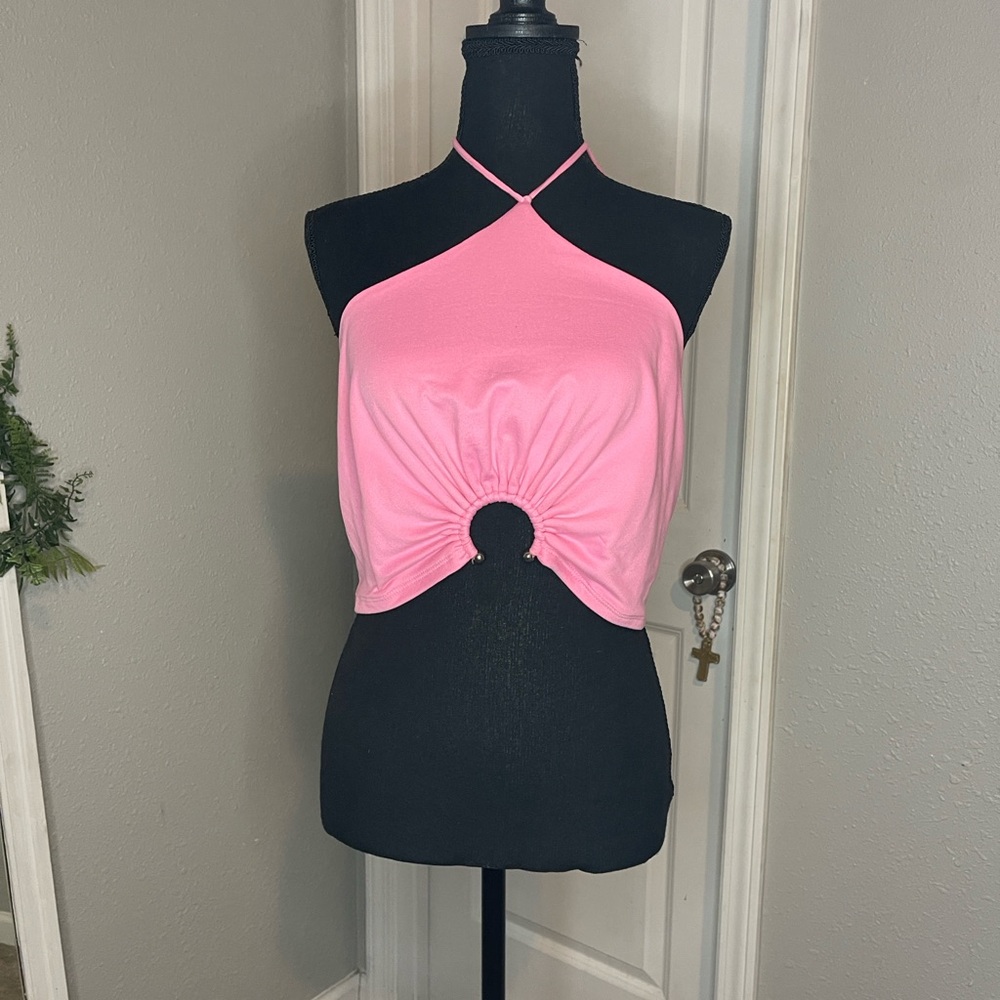 Blue Blush Pink Halter Top with Ring Accent